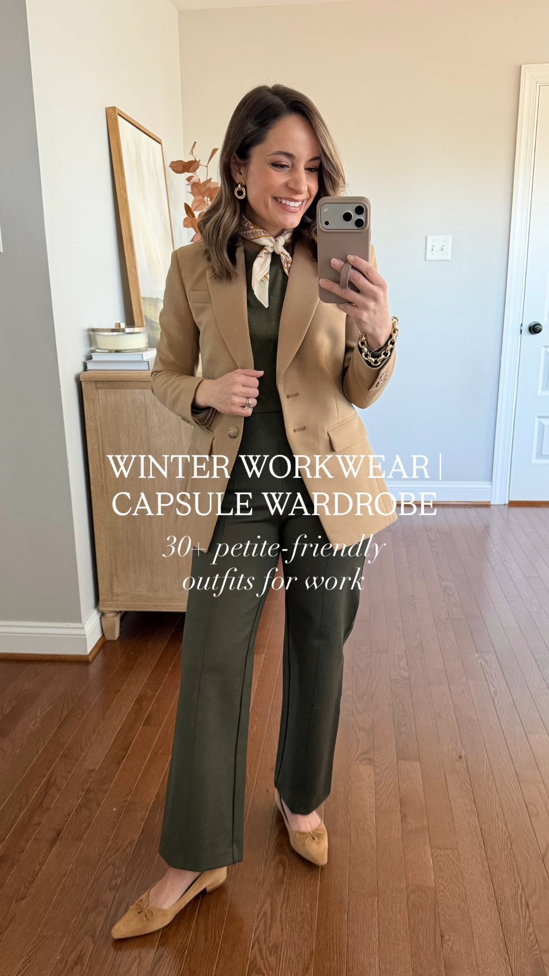 A petite-friendly winter workwear capsule wardrobe! 

7 tops 
Tan V-neck cardigan (Quince): xs in oatmeal 
Green sweater (J.Crew Factory): xxs
Black cardigan (Gap): xxs (recommend a size up) 
Mauve cardigan (Madewell): xxs 
Gray cardigan (Quince): xs 
Taupe cardigan (Quince): xxs in nomad taupe 
White button down (J.Crew Factory): petite xxs 

3 base layers 
Brown top (Amazon): xs 
Black turtleneck (J.Crew Factory): xxs 
White top (Quince): xs 

3 blazers 
Plaid blazer (BR Factory): petite 00 (mostly sold out in petite) 
Tan blazer (J.Crew): petite 00 
Brown blazer (Banana Republic): petite xxs (recommend a size up) 

4 bottoms 
Olive pants (Banana Republic): petite xs (10” rise, 26.5” inseam) 
Brown pants (Banana Republic): xs (10” rise, 26.5” inseam) 
Black pants (Ann Taylor): petite 00 
Jeans (Quince): 24 x 28” in stormy blue 

My measurements for reference: I’m 4’10” and 105lbs. My bust, waist, and hip measurement is 32”, 24”, and 36”.

#LTKWorkwear #LTKPetite
