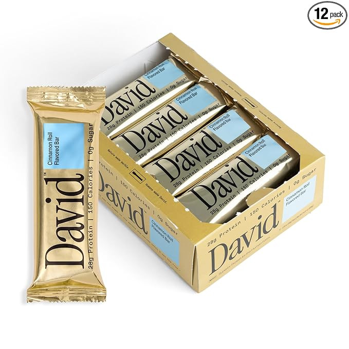 David Protein Bar, Cinnamon Roll, Pack of 12 Protein Bars | 28g of Protein | 150 Calories | 0g of... | Amazon (US)