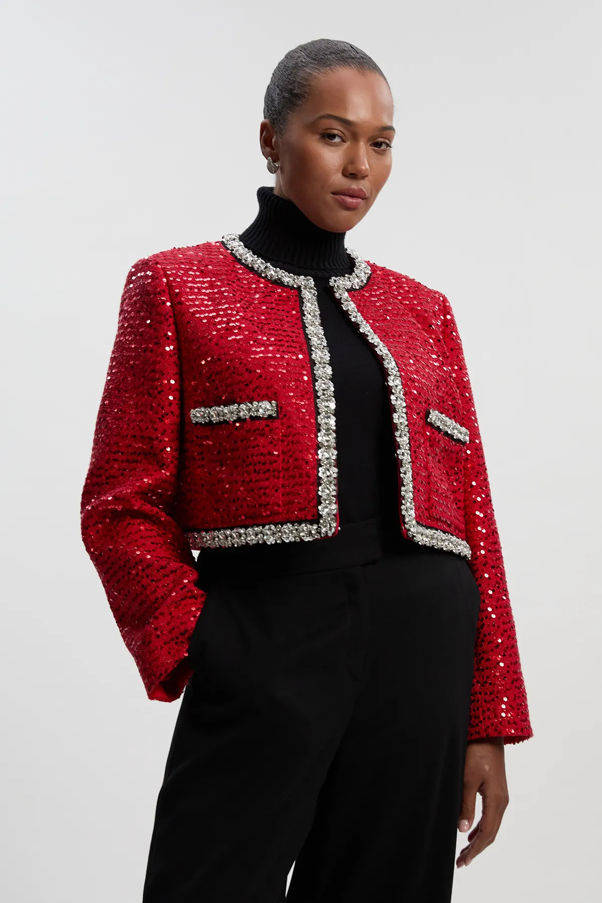 Plus Size Tailored Sequin Tweed Embellished Cropped Jacket | Karen Millen UK + IE + DE + NL