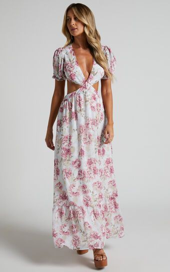 Addy Side Cut Out Balloon Sleeve Maxi Dress in White Floral | Showpo (US, UK & Europe)