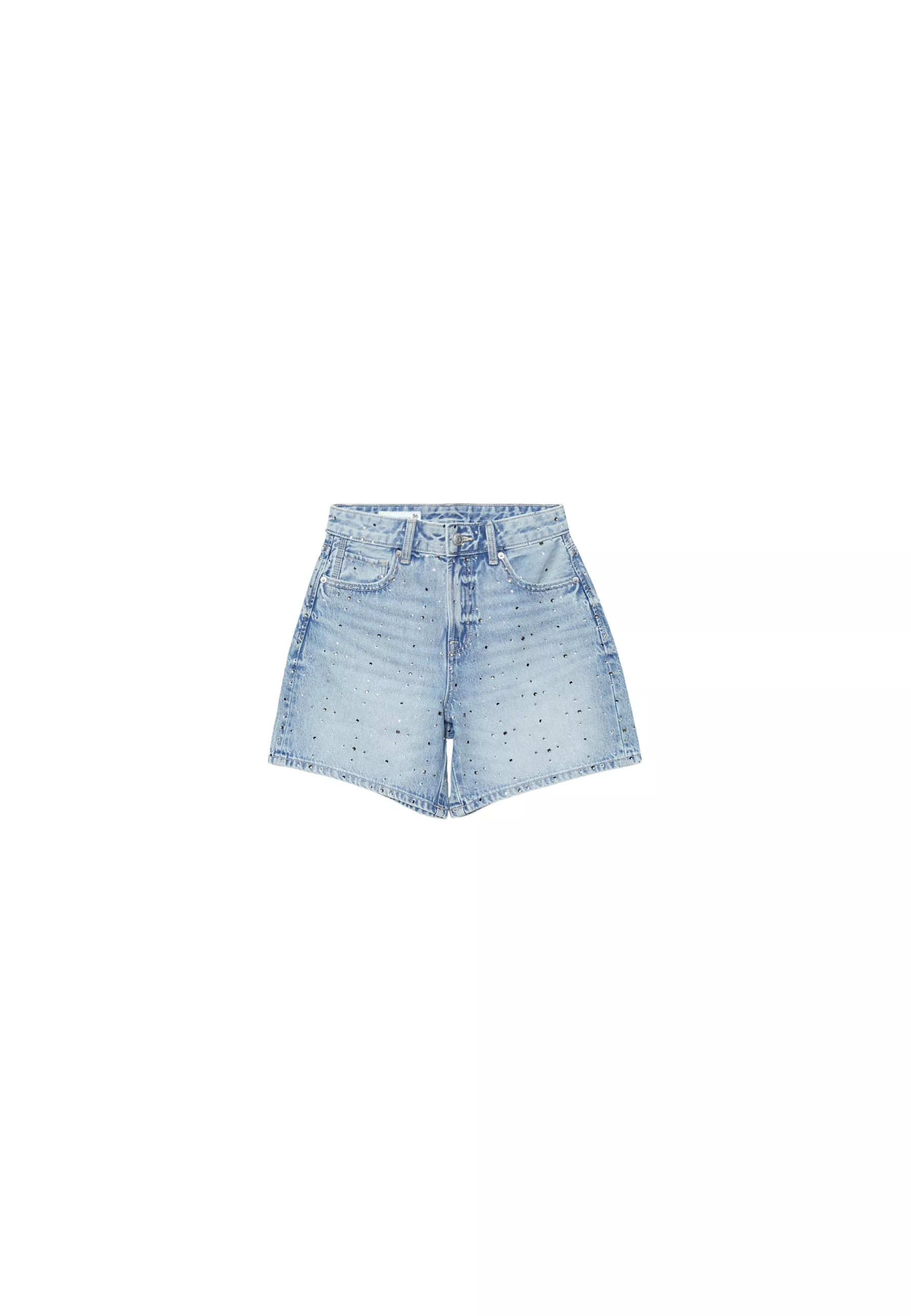 Denim Bermuda shorts with rhinestones - Women's fashion | Stradivarius United Kingdom | Stradivarius (UK)