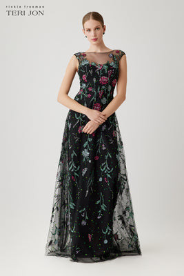 Embroidered Tulle Cap Sleeve Fit And Flare Gown | TERI JON