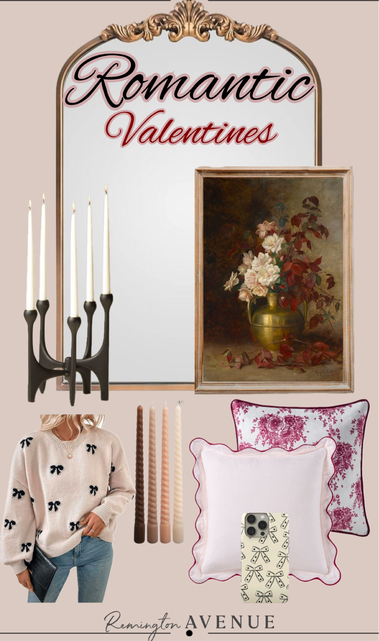 Old world romantic valentines feel!
These pieces are perfect for creating that romantic vibe in the home without all the hearts. 
Pink scalloped throw pillow, red floral throw pillow, floral print, antique gold mirror, 5 stand candelabra, neutral taper candles, bow sweater, bow phone case, Valentine’s Day ribbon, pink sweater

#LTKSeasonal #LTKHome