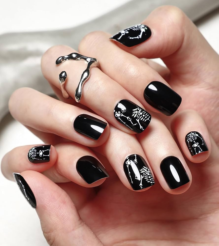 Morily Black Halloween Press on Nails Short - Gloosy Jelly False Nails with Skeleton Designs Squa... | Amazon (US)
