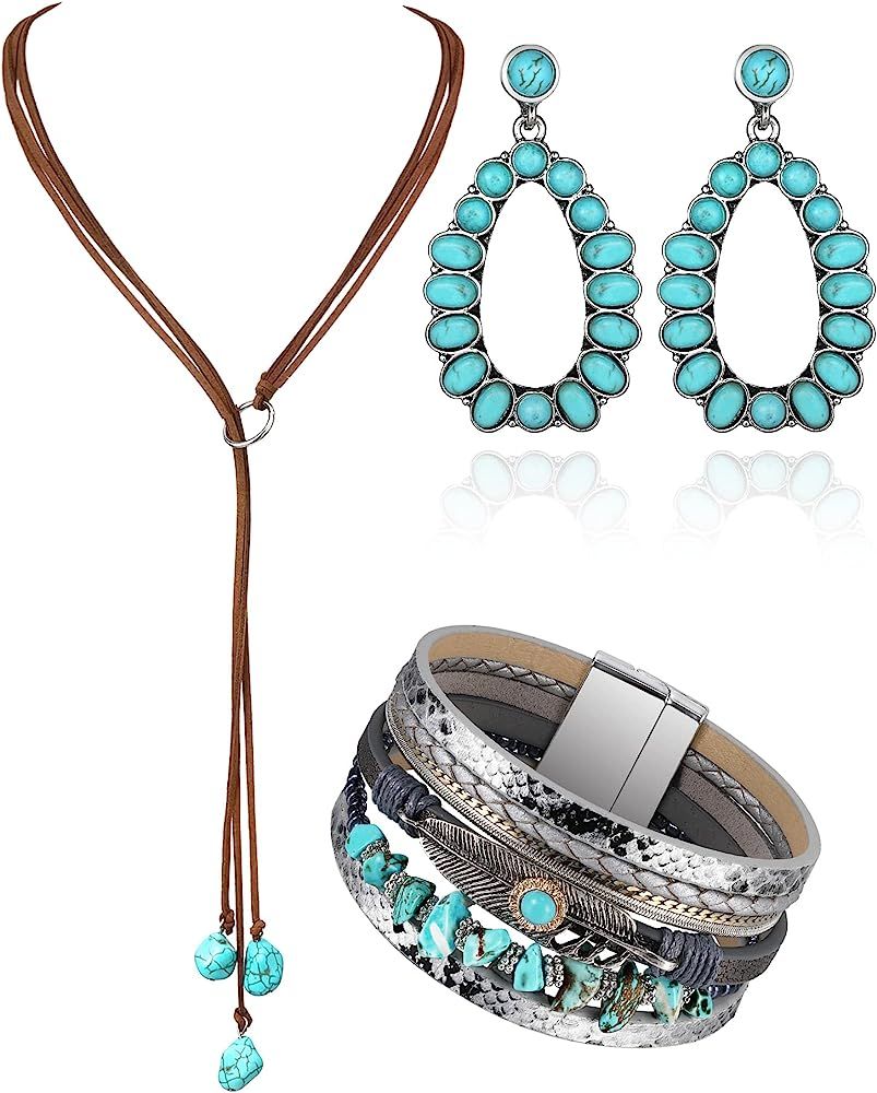 Inbagi 3 Pcs Western Jewelry for Women Bohemian Set, Boho Pendant Long Choker, Faux Leather Layer... | Amazon (US)