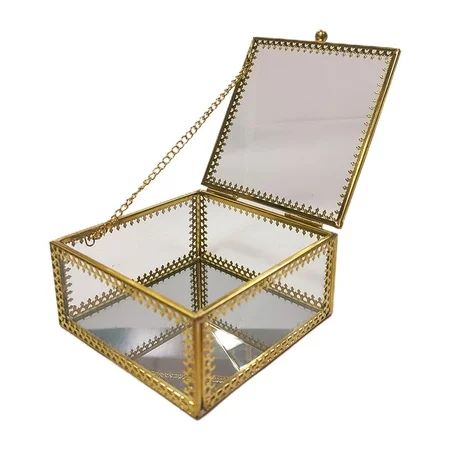 STEBCECE Square Gold Brass Glass Jewelry Trinket Box Lace Jewelry Display Organizer | Walmart (US)
