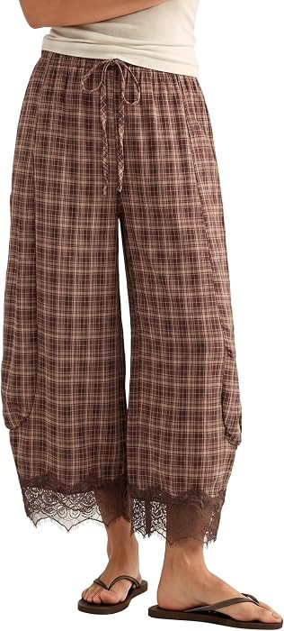 Womens Plaid Lace Hem Balloon Pants Gingham Wide Leg Harem Pant | Amazon (US)