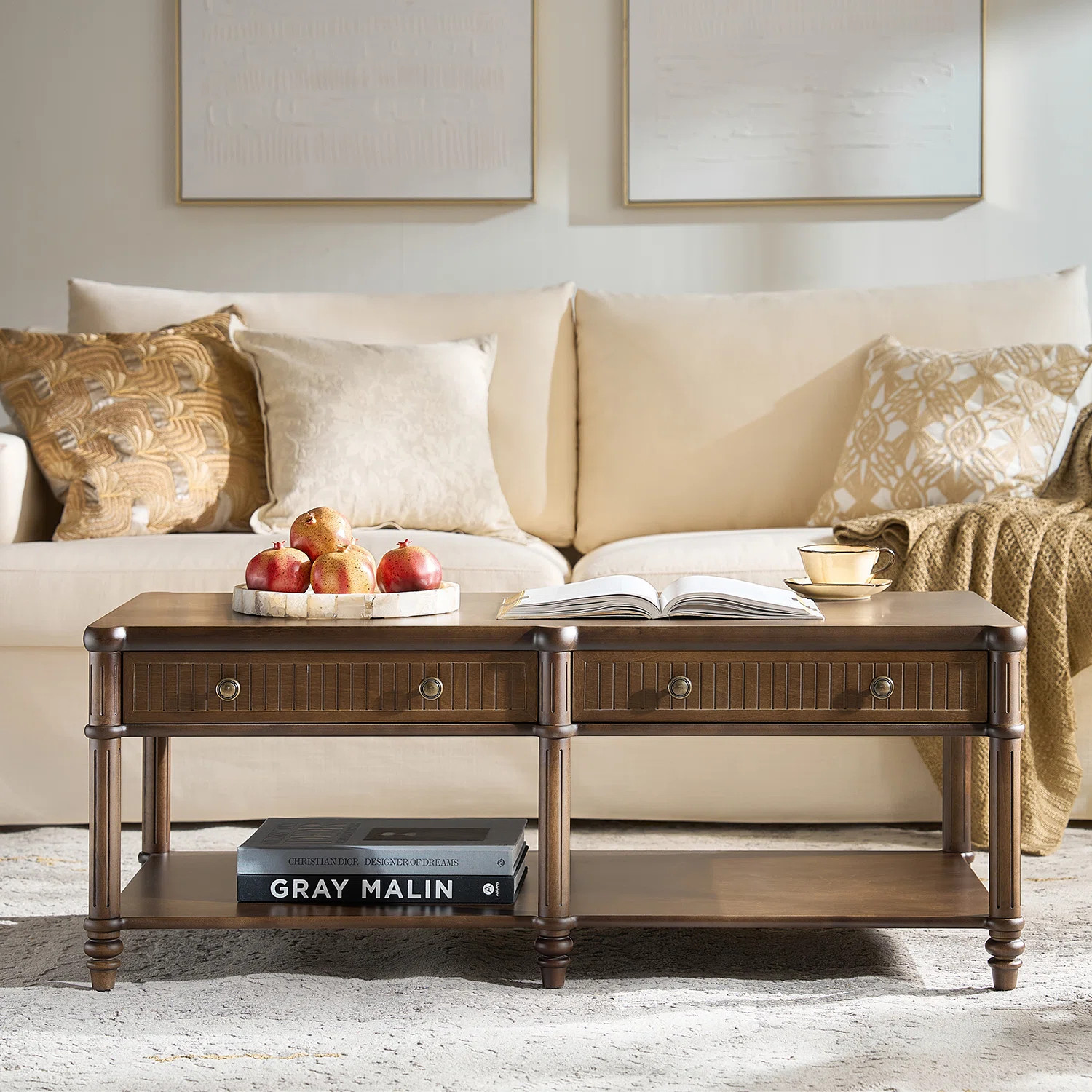 Derk Transitional 47"W Spindle Fluted Rectangular Storage Coffee Table with Solid Wood Drawers | Wayfair North America