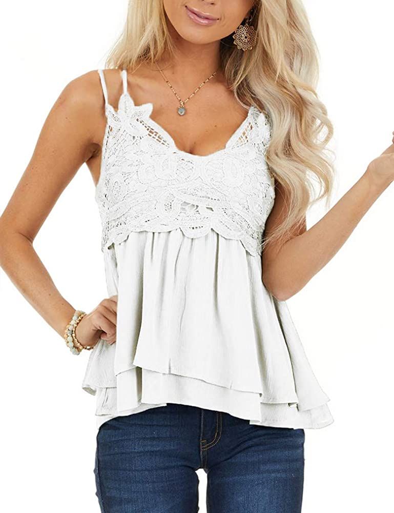 Lace Tank Tops for Women Summer Spaghetti Strap Babydoll Tops Chiffon Cami Sleeveless Shirts | Amazon (US)