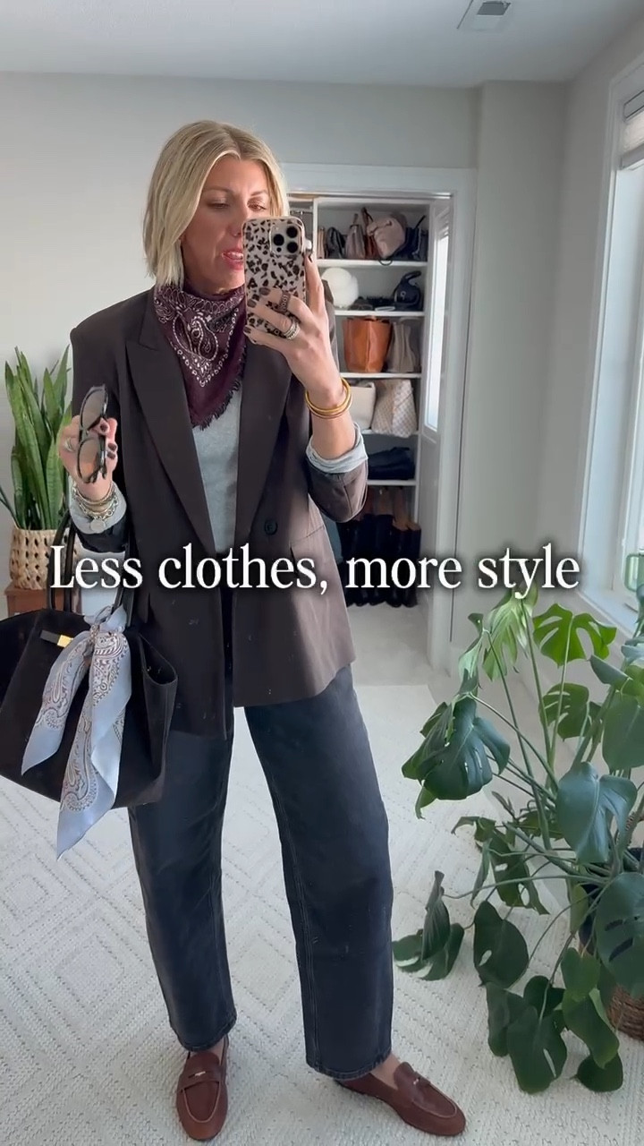 Less clothes, more style.
Creating wearable uniforms you love like a great of jeans + blazer & using your accessories like a classic pair of loafers, a scarf, a handbag (you can also dress up with a tied scarf or charms) to make re-wearing your basics fun and interesting. 

#LTKSeasonal #LTKmomlife #LTKootd