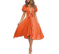 miduo Womens Satin V Neck Ruffle Short Sleeve Tie Front High Waist Midi A-Line Maxi Dresses | Amazon (US)