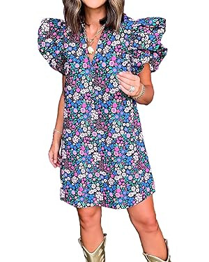 hibshaby Women's Floral Babydoll Mini Dress V-Neck Ruffle Sleeve Cute Dress Sundress | Amazon (US)