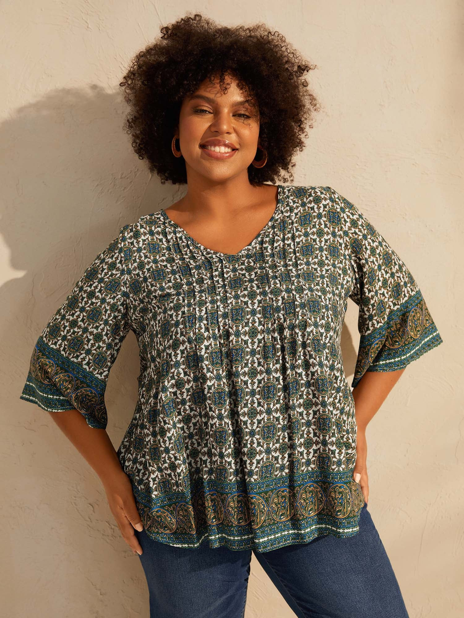 Pin-Tuck Pleat Ornate Print Relaxed Fit Shirt | Bloomchic