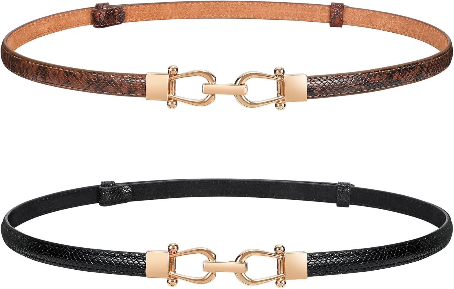 LEACOOLKEY Women Skinny Waist Belt with Gold Buckle Adjustable Leather Thin Waist Belt for Dress | Amazon (US)