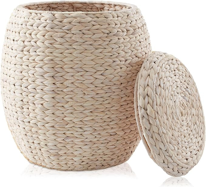 Casafield Round Storage Basket with Lid - Whitewash, Handwoven Water Hyacinth Organizer for Laund... | Amazon (US)
