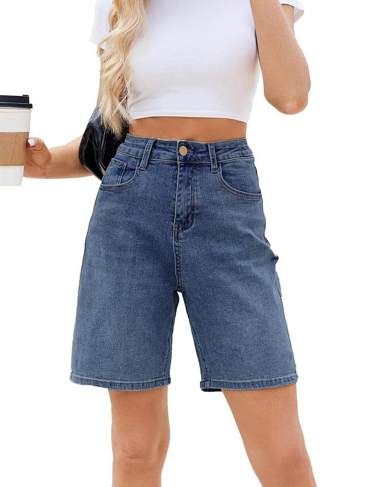 Women's High Waisted Stretchy Bermuda Denim Shorts - Trendy Casual Loose Fit | Amazon (US)