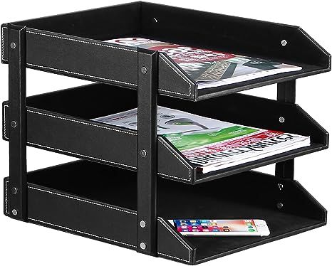 Letter Tray , 3 Tier File Document Letter Tray Organizer, PU Leather Desk Organizer , Stackable P... | Amazon (US)