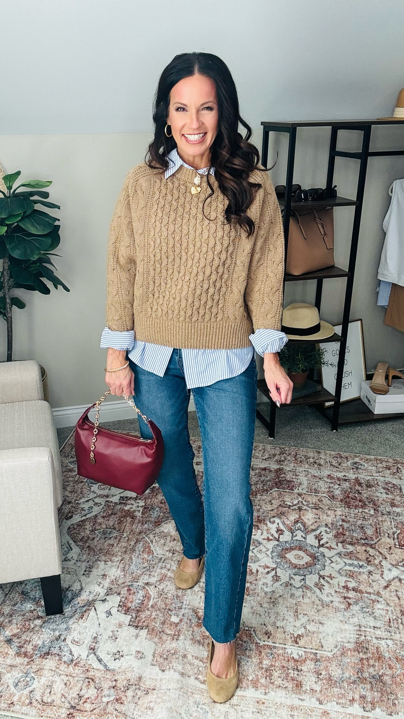Loving this preppy mom look from Target! The jeans are more of a rigid denim so they hold the tummy in. The striped button down is a great length and I thought it paired perfectly with this cable knit sweater!

5’3/129lbs/34D
Bra is a med // XS in button down-size down // small sweater // 6 in jeans- size up run small // flats run TTS



#LTKStyleTip #LTKWorkwear #LTKFindsUnder50
