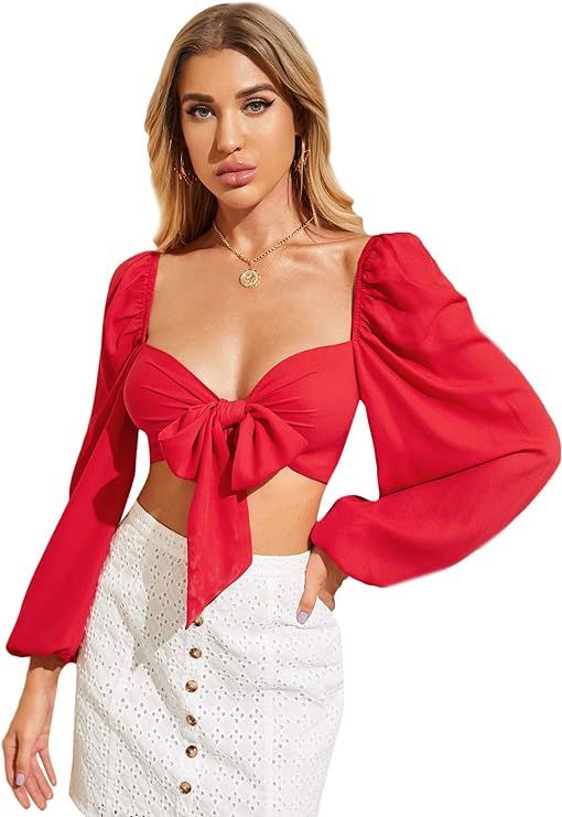 SheIn Women's Self Tie Front Long Lantern Sleeve Chiffon Crop Top Blouse Shirt | Amazon (US)