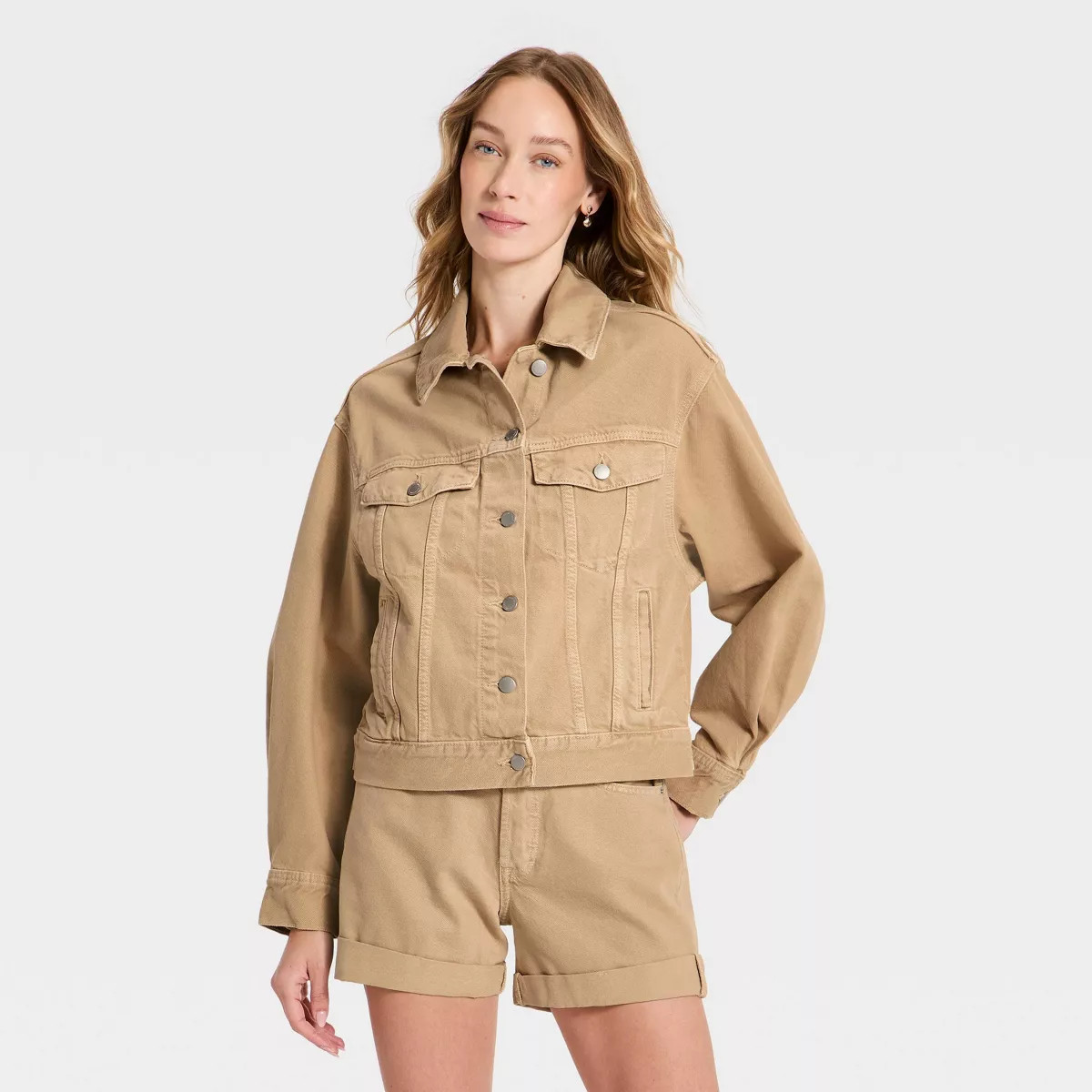 Women's Relaxed Denim Trucker Jacket - Universal Thread™ Khaki S | Target