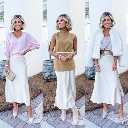 3 ways to style this satin maxi skirt! Loverly Grey is wearing an XS! Perfect outfit ideas for the holidays 

#LTKHoliday #LTKsalealert #LTKstyletip