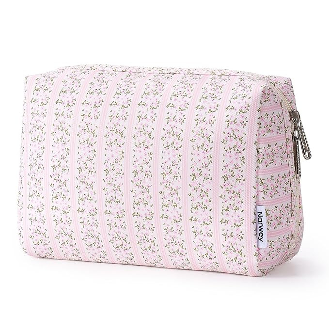 Narwey Cute Floral Makeup Bag Travel Cosmetic Bag Organizer Toiletry Bag Make Up Bags with Compar... | Amazon (US)
