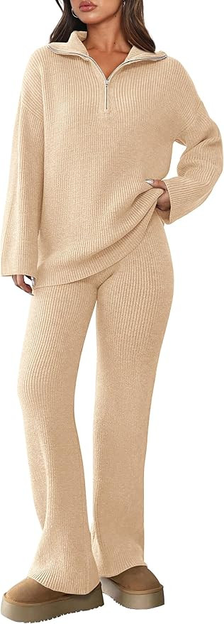 PRETTYGARDEN Womens Winter 2 Piece Sweater Set Long Sleeve Quarter Zip Sweatshirt Wide Leg Pants ... | Amazon (US)