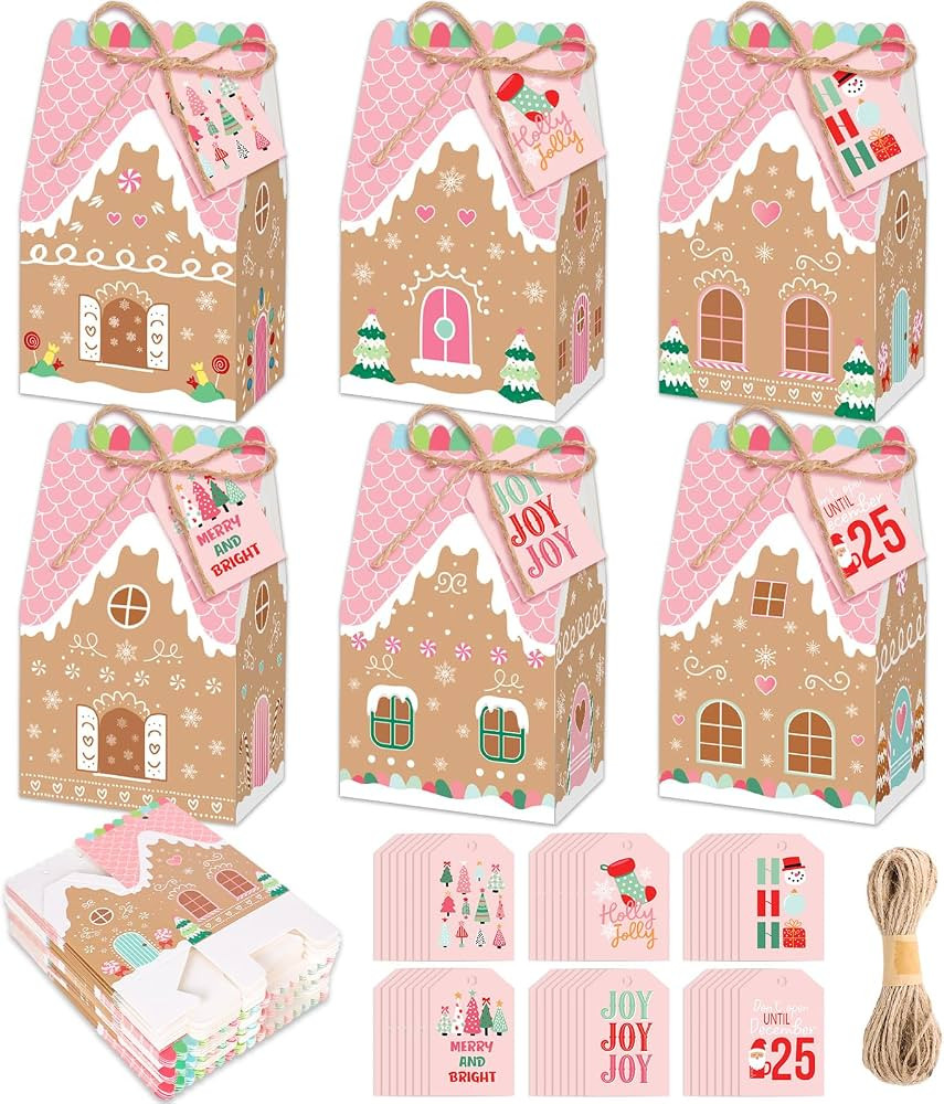JarThenaAMCS 48Pcs Christmas Treat Boxes Pink Gingerbread House Goodie Candy Bags with Tags Xmas ... | Amazon (US)