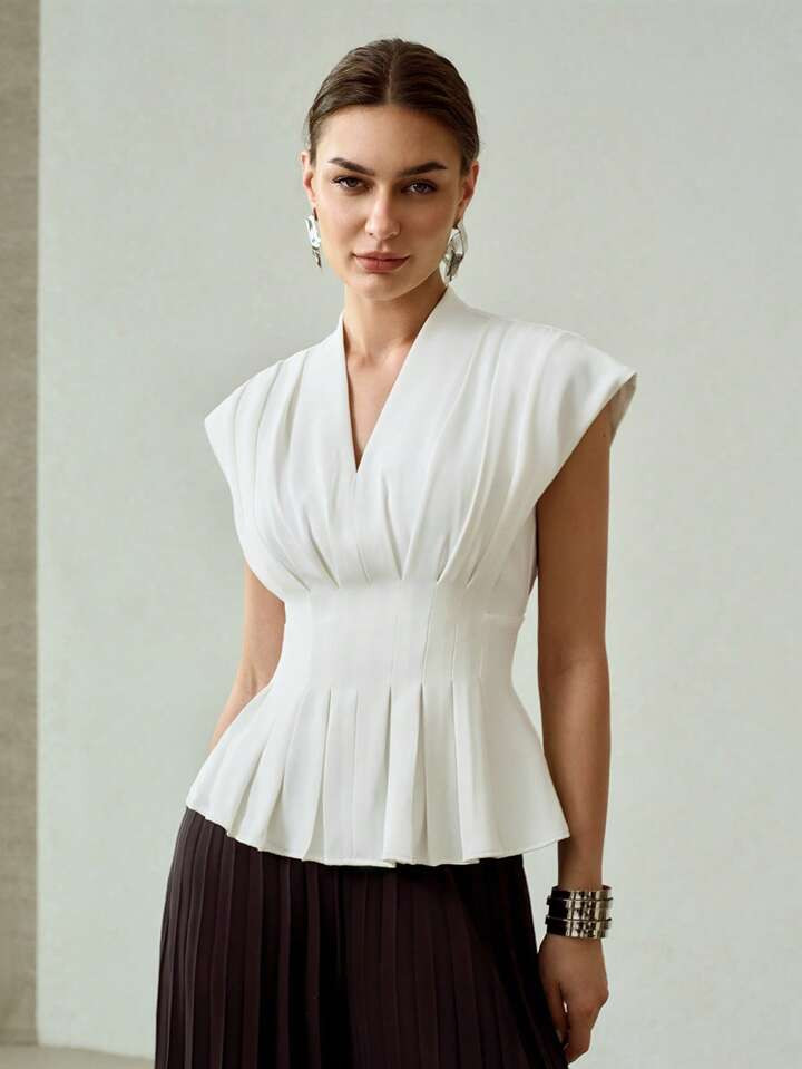 MOTF PREMIUM V-NECK FOLD PLEATED BATWING SLEEVE PEPLUM TOP | SHEIN