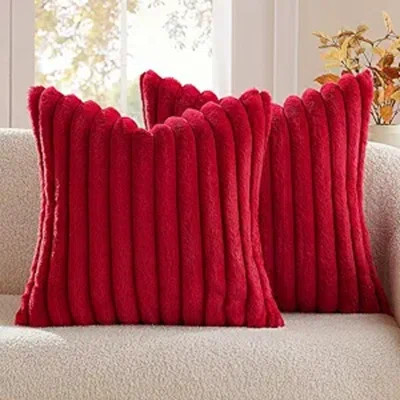 Red Throw Pillow Covers 18x18 Inch Set Of 2 Soft Couch Pillow Covers With Velvet Back Faux Rabbit Fur Throw Pillows | Wayfair North America