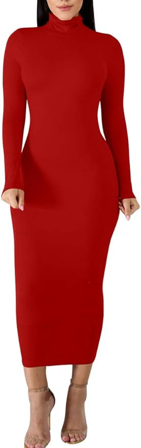 BORIFLORS Women's Sexy Basic Long Sleeve Turtleneck Bodycon Party Long Pencil Dress | Amazon (US)