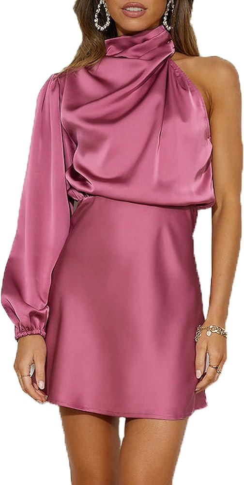 Women's Satin Long Sleeve One Shoulder Mini Dress Silk One Sleeve Turtle Neck Cut Out Cocktail Sh... | Amazon (US)