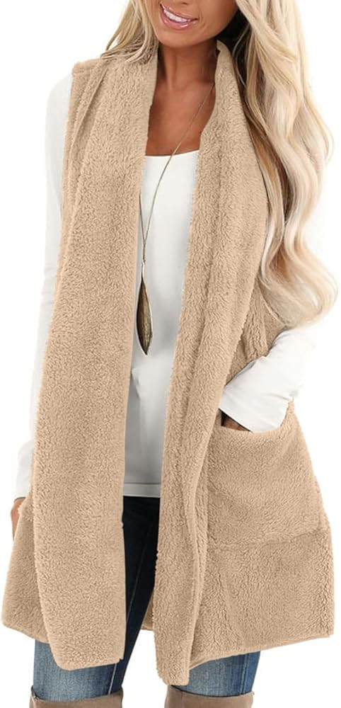 ReachMe Womens Sleeveless Sherpa Vest with Pockets Lapel Open Front Fleece Cardigan Sweater Fuzzy... | Amazon (US)