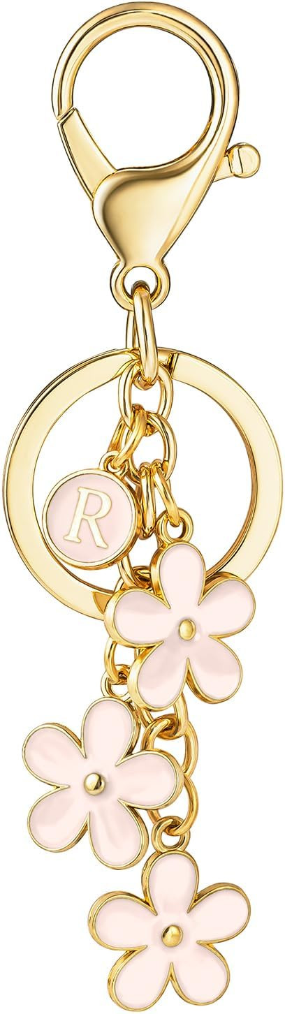 SELOVO Initial Keychain White/Pink Flower Charms for Key Cute Letter Keyring for Handbag Backpack | Amazon (US)