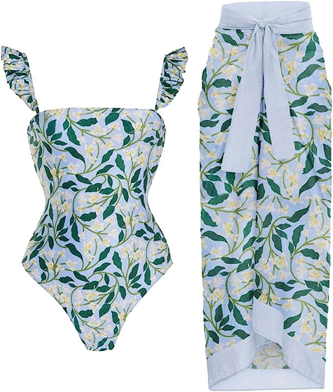 Womens Swimwear Women 1 Piece Swimwear+1 Piece Cover UP Two Piece Vintage Print Swimsuit Monokini... | Amazon (US)