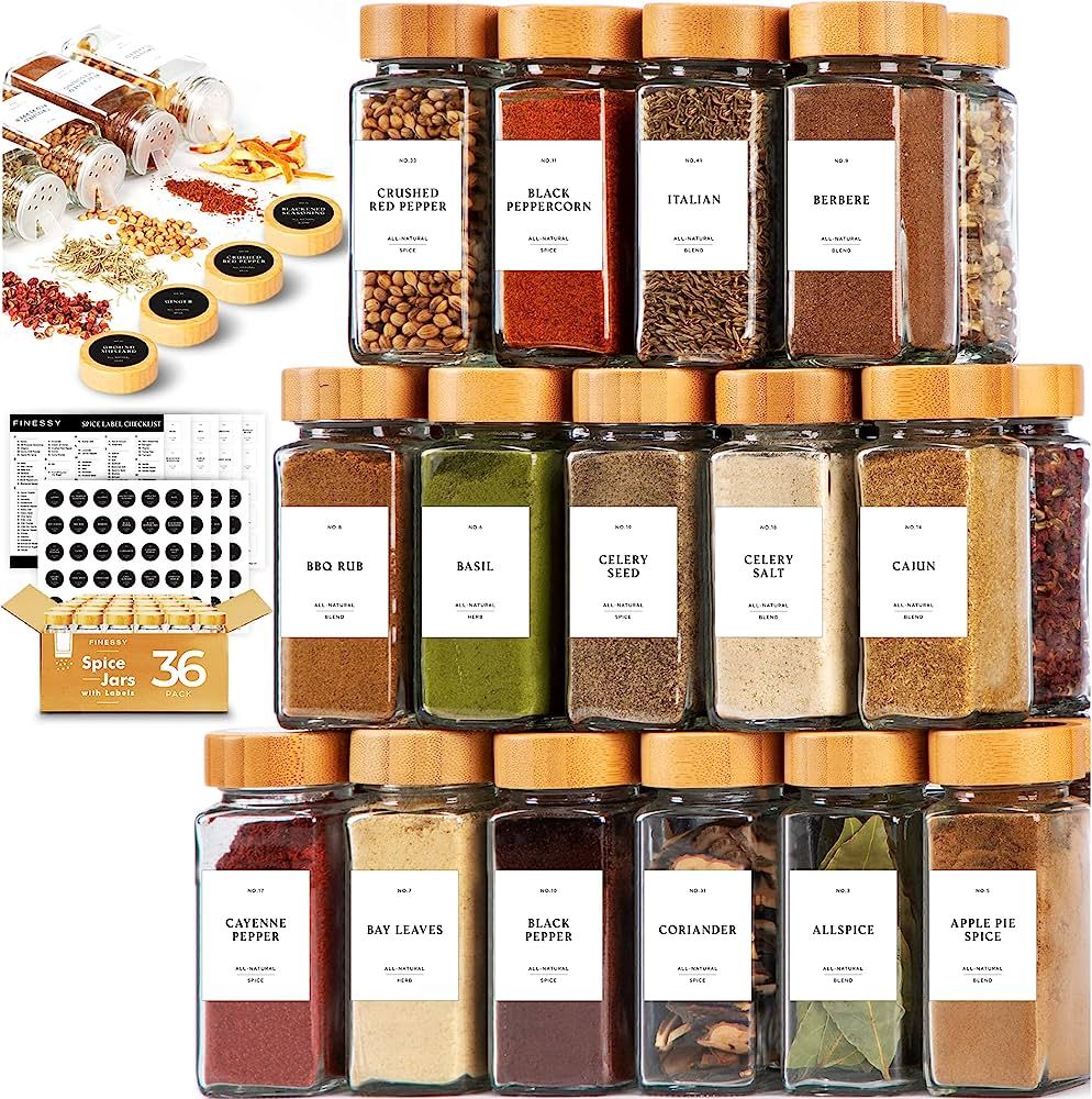Glass Spice Jars With Label And Organizer, Spice Jars With Bamboo Lids, Spice Bottles Empty Glass... | Amazon (US)