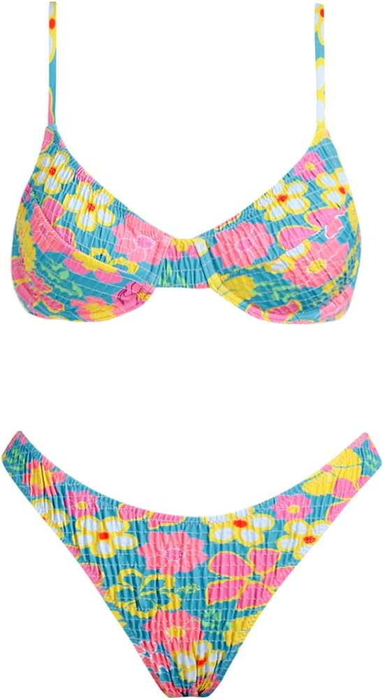 VOLAFA Women's Triangle Bikini Set Textured Frilled Smocked Ruched Push Up Swimsuit Two Piece Bat... | Amazon (US)