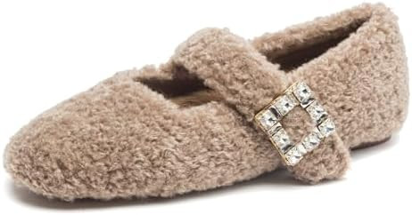 Kluolandi Women's Shearling Ballet Flats with Strap Warm Rabbit Fur Lined Crystal Buckle Mary Jan... | Amazon (US)