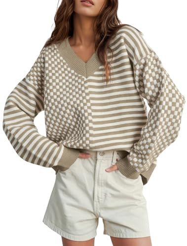 UNCLECAT Women's Striped Checkered Sweater 2025 V Neck Fall Sweaters Casual Knit Trendy Pullover ... | Amazon (US)