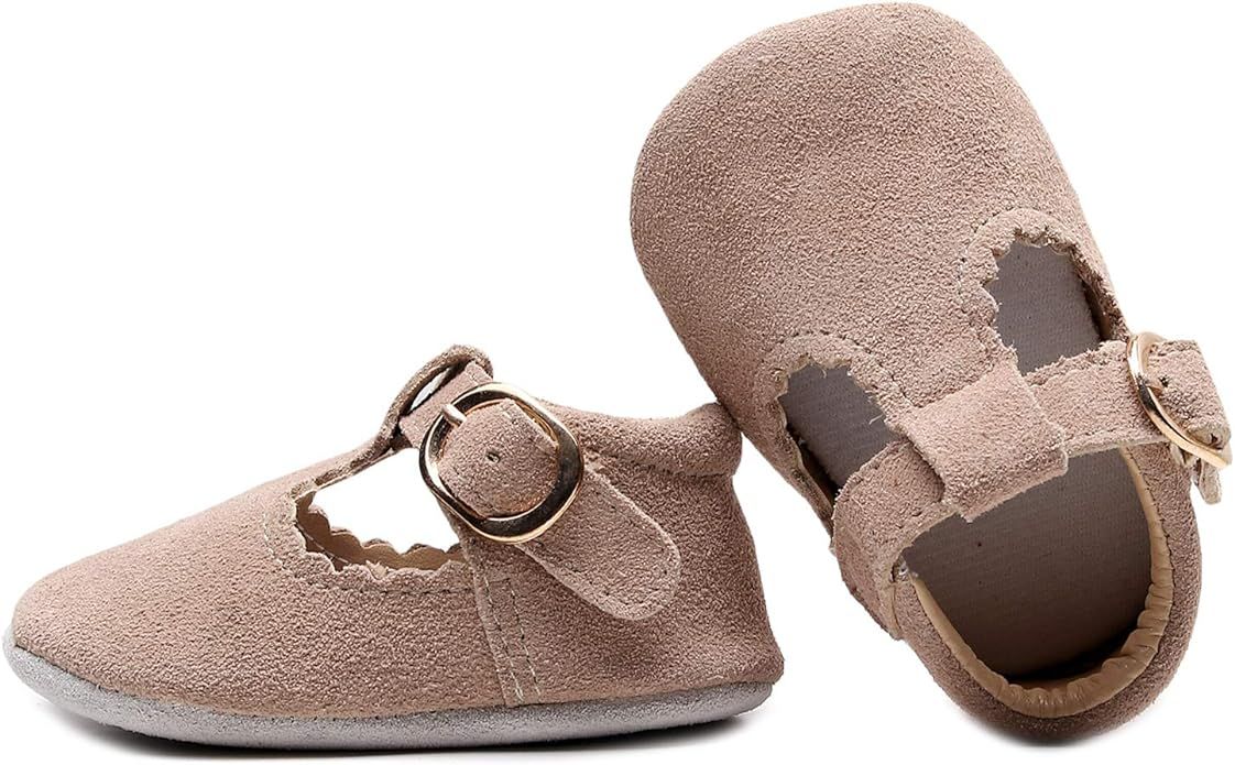 HONGTEYA T-Strap Suede Leather Baby Moccasins Shoes with Soft Sole T-bar Sandals Mary Jane for In... | Amazon (US)