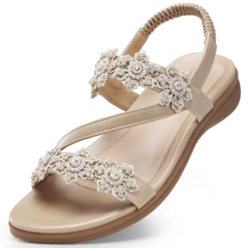 TEMOFON Sandals for Women Flat Dressy Summer Open Toe Sandals Woman Comfortable Walking Casual Beach Shoes Apricot Size 8 | Amazon (US)