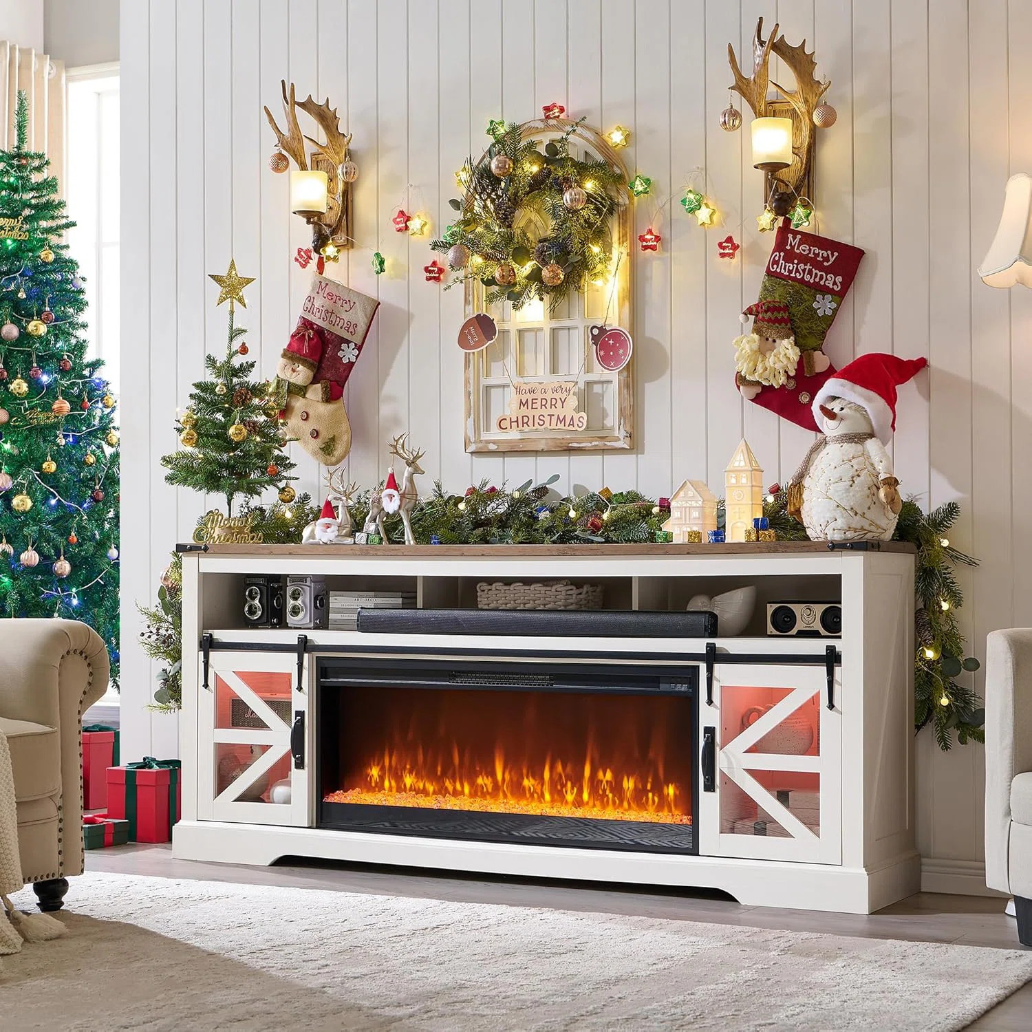 Taye Farmhouse Fireplace Tv Stand for Tvs Up To 85 Inches, Wood Tv Console With Sliding Barn Door... | Wayfair North America