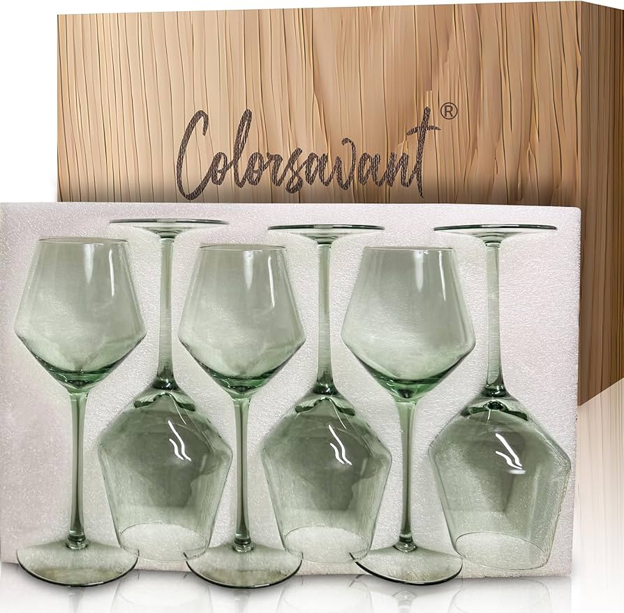 Sage Green Wine Glasses Set 6-16oz, Long Stem - Hand Blown Pale Sage Green Stemware for St. Patri... | Amazon (US)