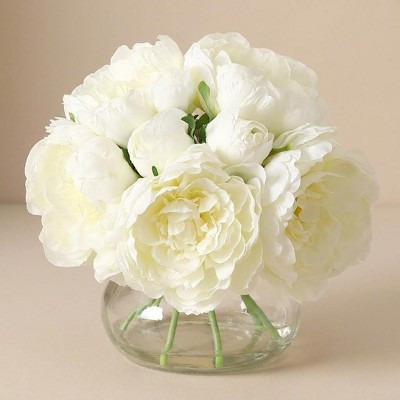 Silk Faux Peonies Artificial Flowers Arrangement - Realistic Fake Champagne Peony Bouquet in Glass Vase with Faux Water for Home Wedding Table Decor | Target
