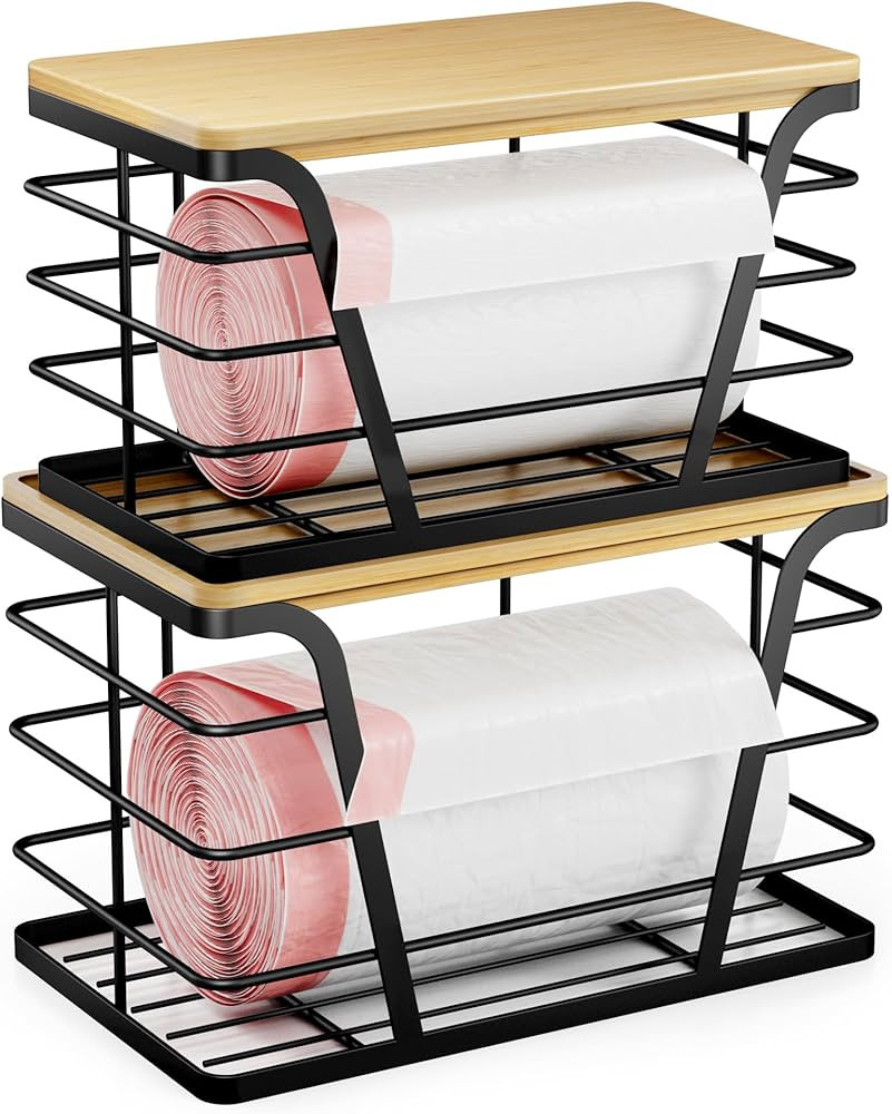 2 Pack Stackable Storage Laundry Kitchen Organizers, Wall Mount Trash Bag Holder with Bamboo Top ... | Amazon (US)