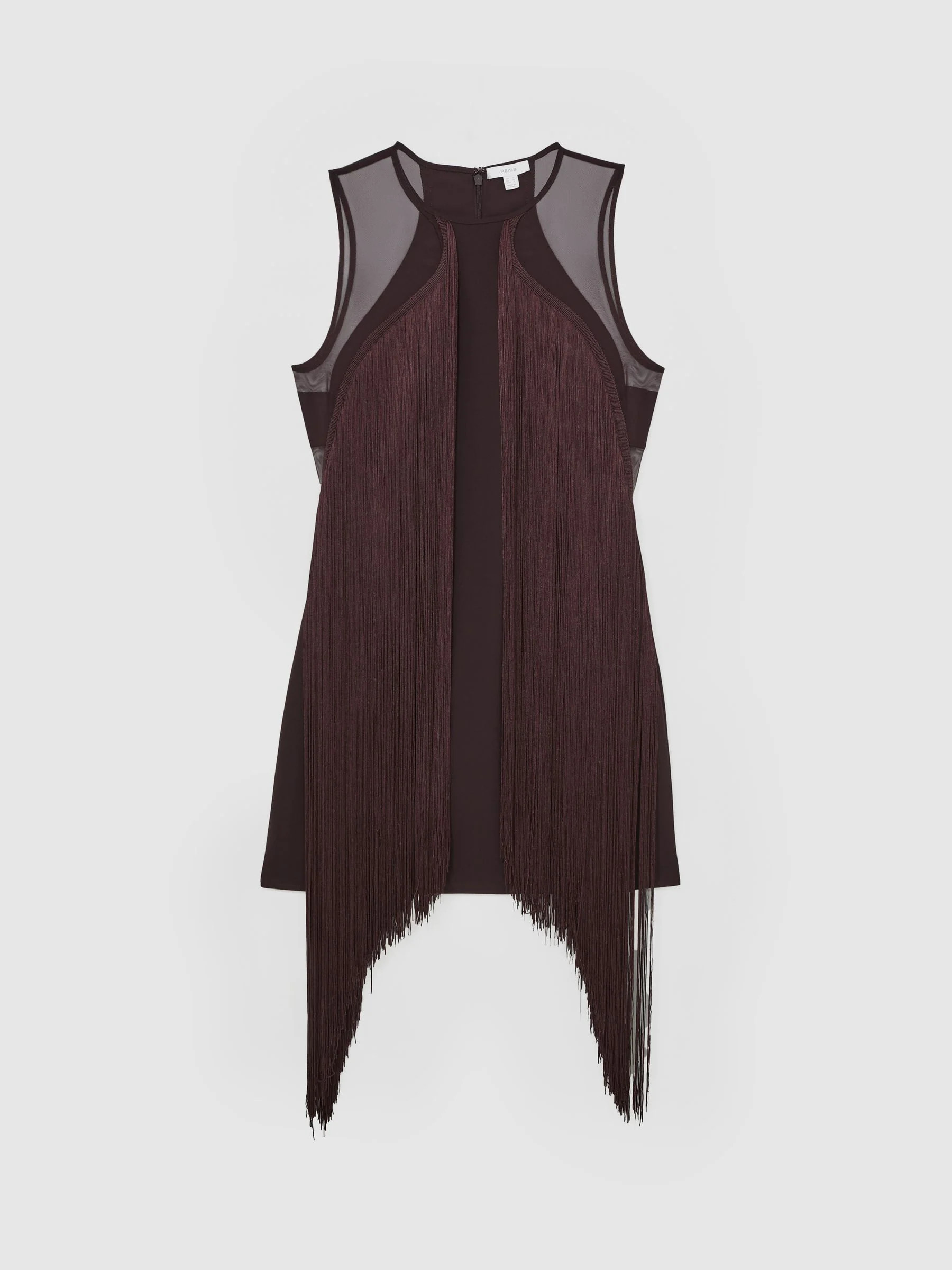 Reiss Reiss Burgundy Farrow Fringe-Detail Sheer-Panel Mini Dress | Next US