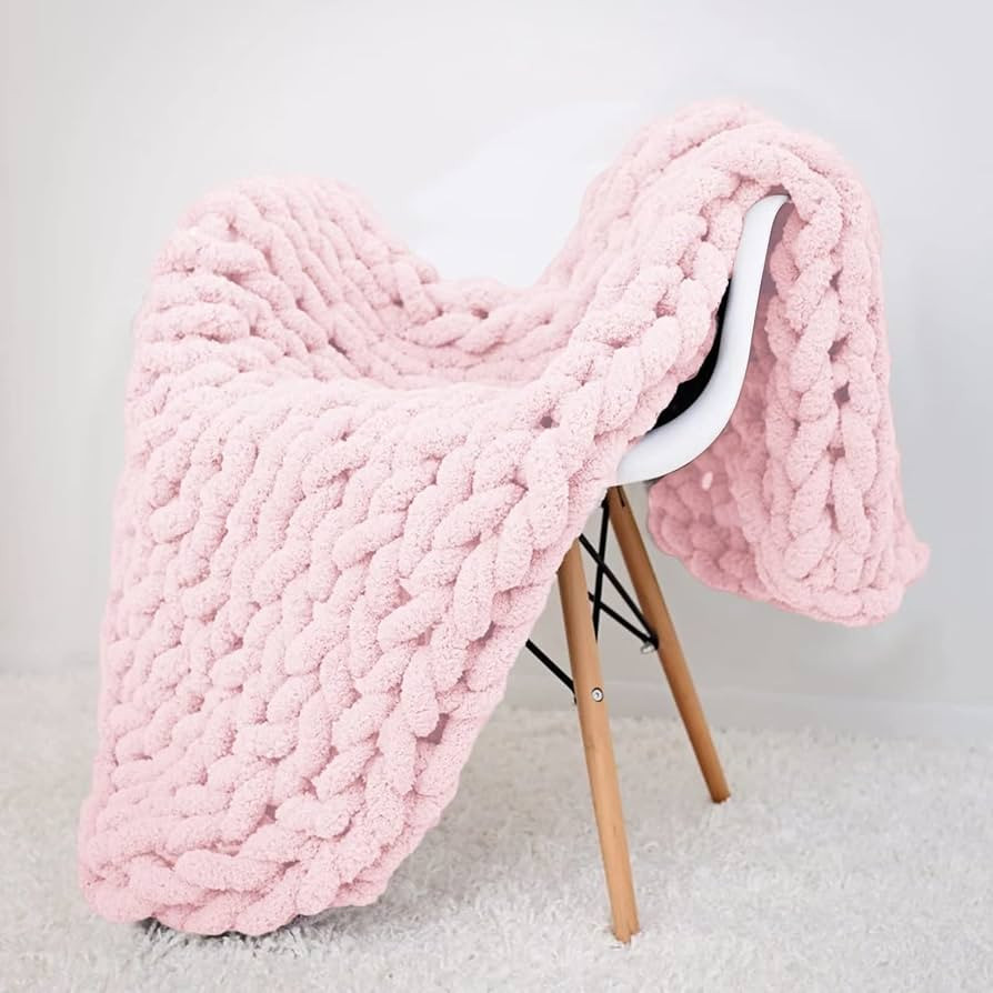 huraty Chunky Knit Blanket Light Pink Chenille Yarn Tight Chunky Knit Throw Blanket for Sofa Bed ... | Amazon (US)