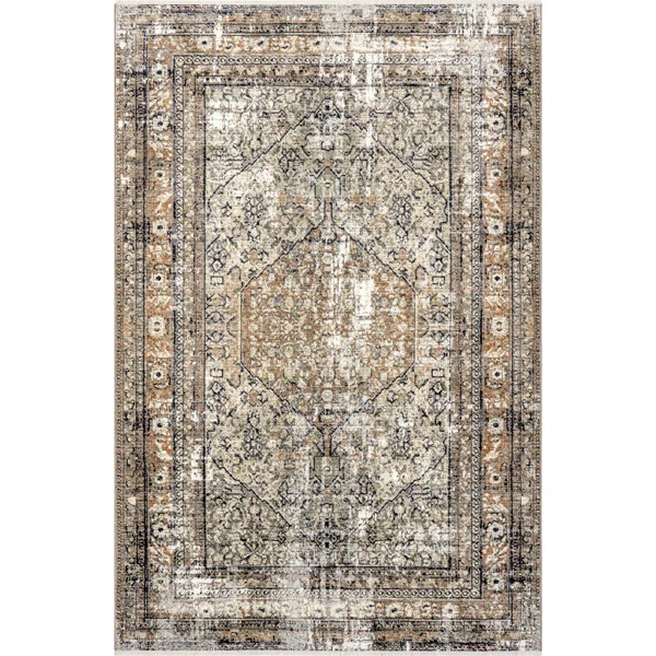Aagna Distressed Medallion Power Loom Performance Brown/Gray/Ivory Rug | Wayfair North America