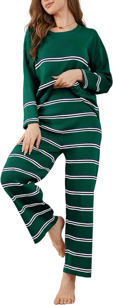 Tanming Womens 2 Piece Outfits Lounge Sets Striped Sweater Sets Cozy Knit Tracksuits Sweatsuits | Amazon (US)