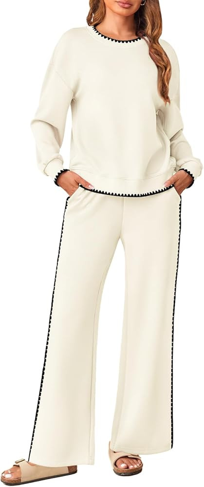 MEROKEETY Women's 2 Piece Outfits Sweatsuit Set Crewneck Sweatshirt Wid Leg Sweatpants Fall Loung... | Amazon (US)